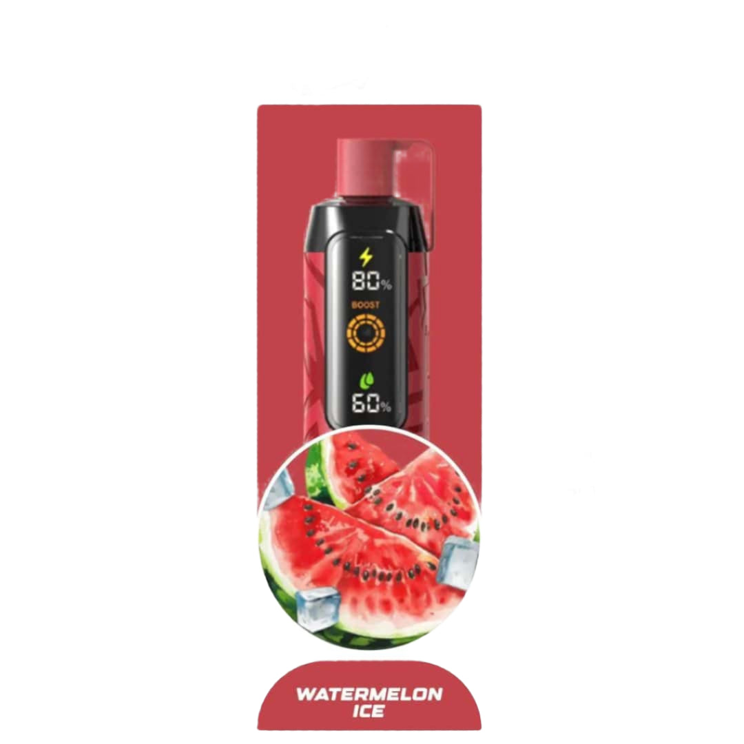 Vape device packaging with watermelon flavor and branding on a white background