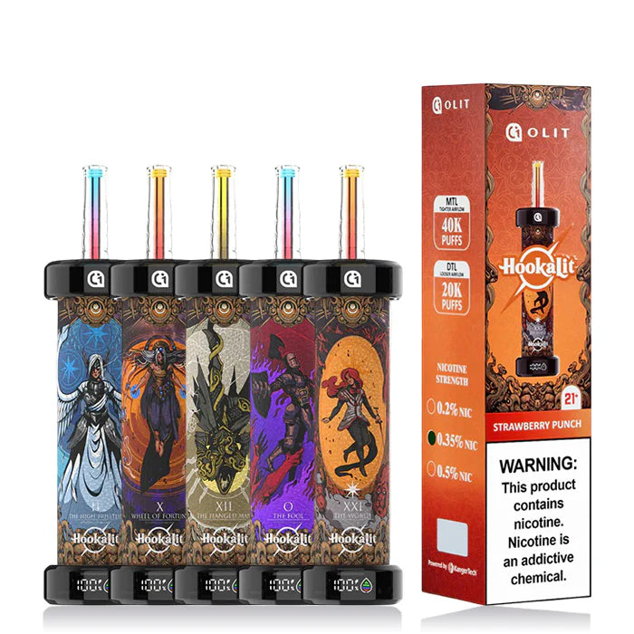 Set of Hookahllt vape devices with colorful designs and packaging on a white background
