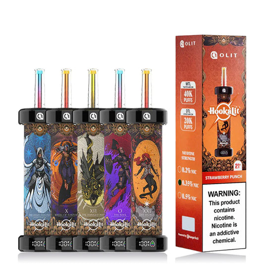 Set of Hookahllt vape devices with colorful designs and packaging on a white background