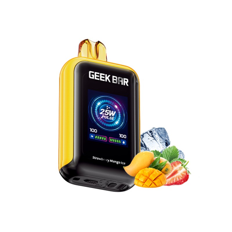 Geek Bar vape device with fruit illustrations on a white background