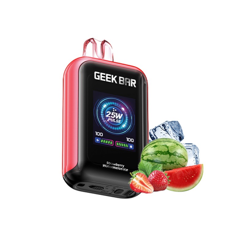 Geek Bar vaping device with fruit and ice graphics on a white background