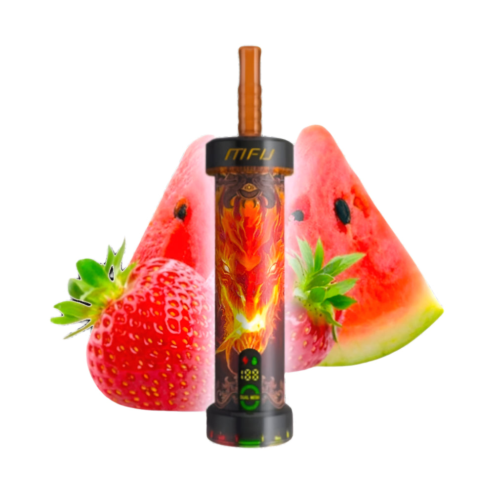 Vape device with watermelon and strawberry graphics on a white background