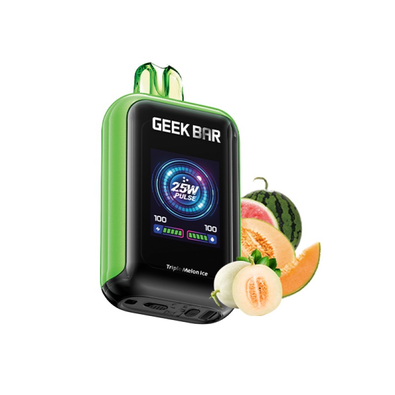Geek Bar vaping device with fruit illustrations on a white background