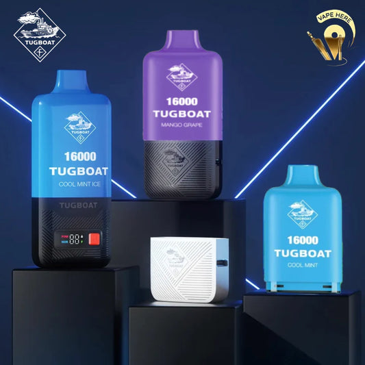 Three Tugboat Super 16000 disposable vape devices in different flavors, each with a different color: blue, purple, and white, displayed on a pedestal with a digital screen showing puff count and battery level.