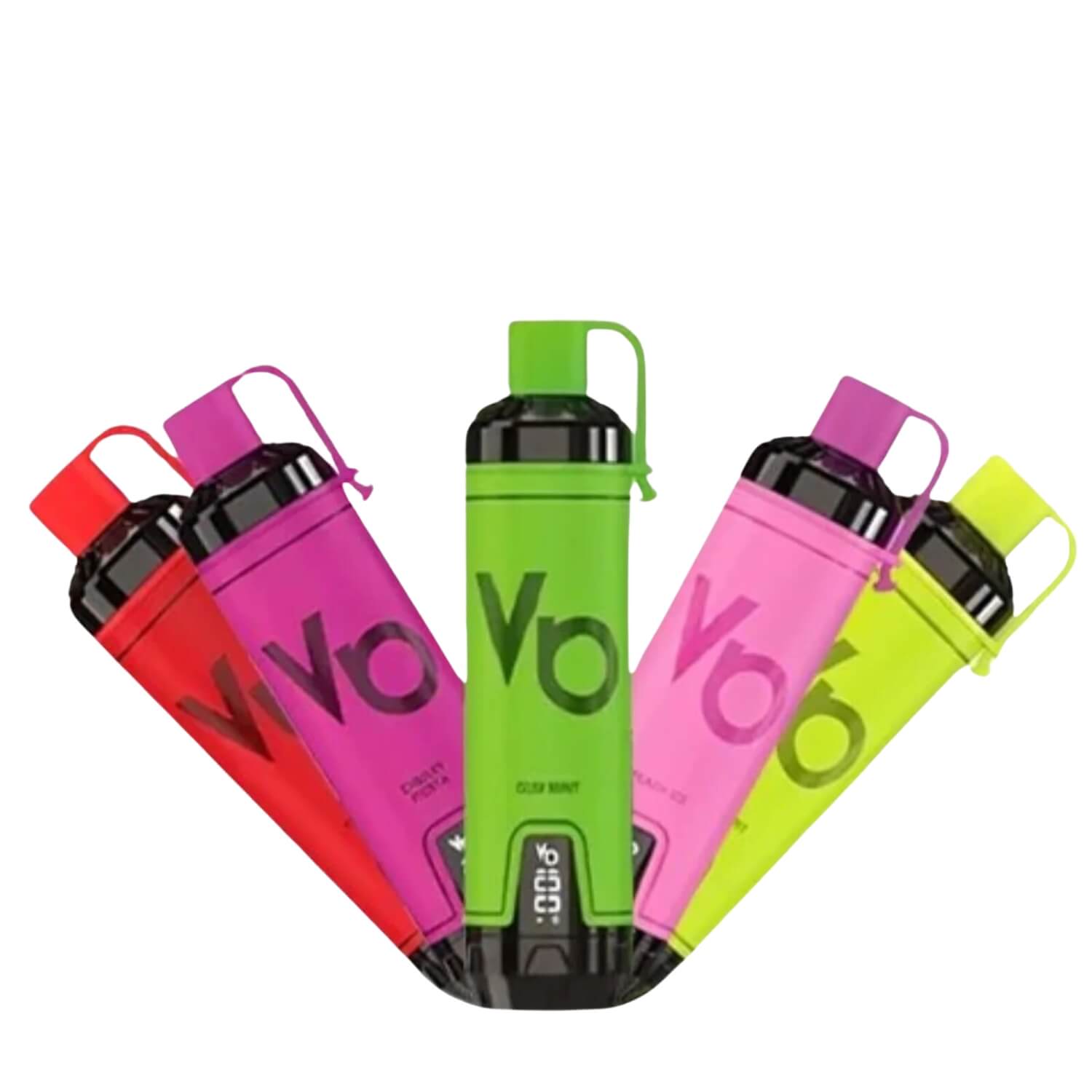 Colorful water bottles with 'Vape Bar' branding on a white background