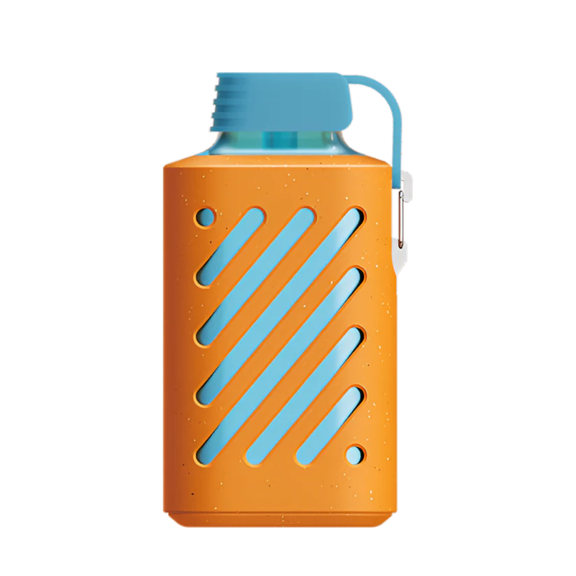Orange water bottle with blue accents on a white background