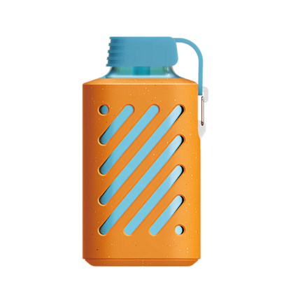 Orange water bottle with blue accents on a white background