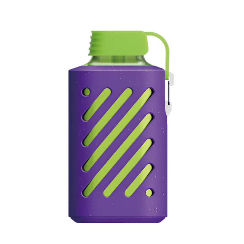 Purple water bottle with green accents on a white background