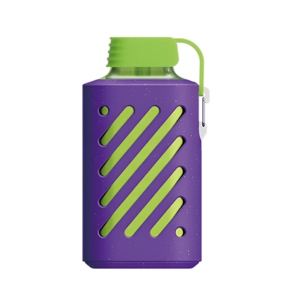 Purple water bottle with green accents on a white background