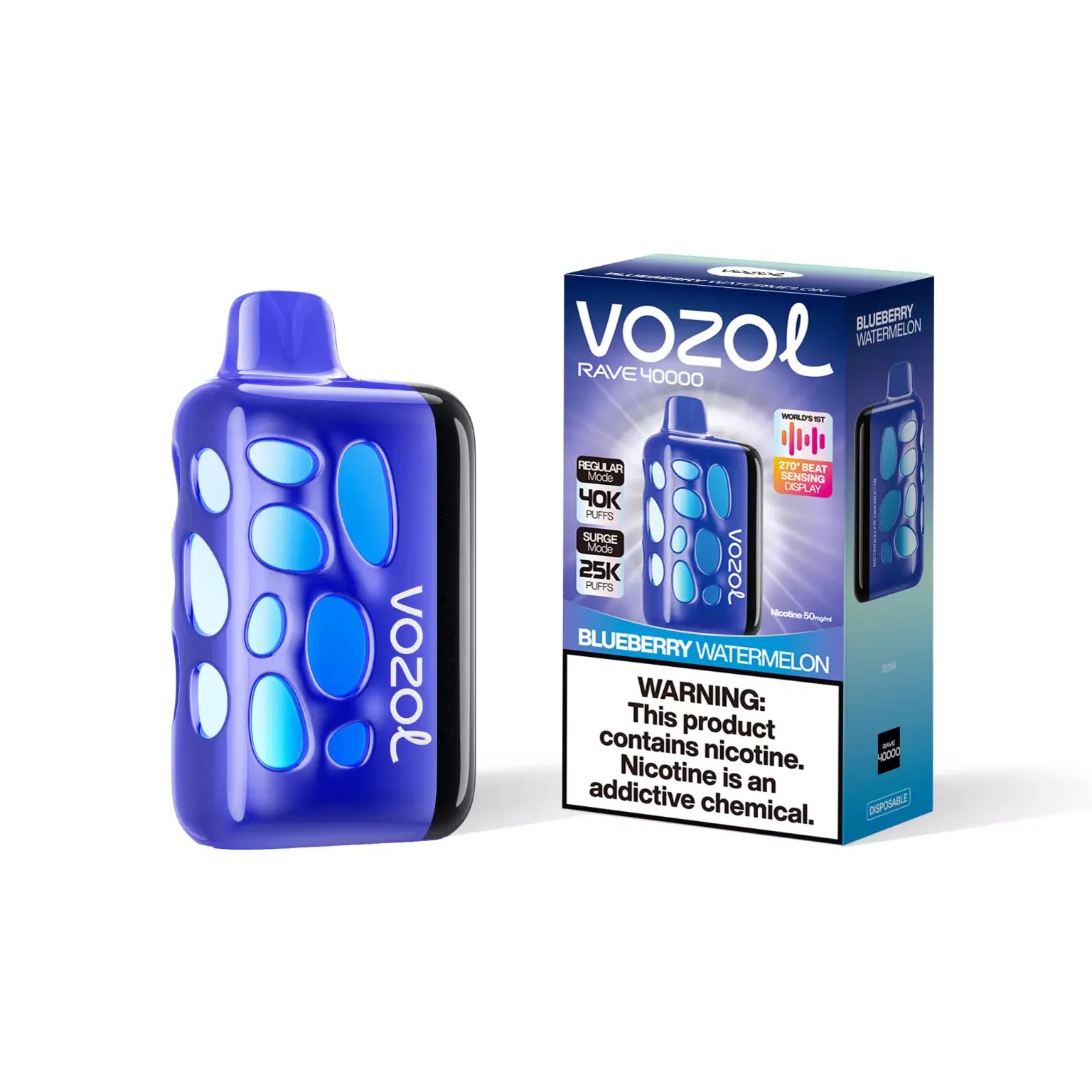 Blue Vozol vape device and packaging on a white background