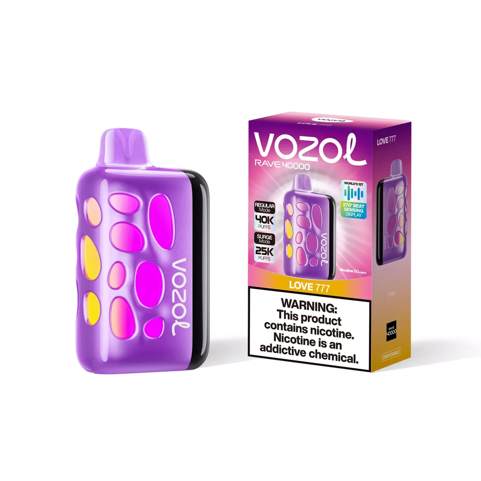 Purple Vozol vape device with packaging on a white background