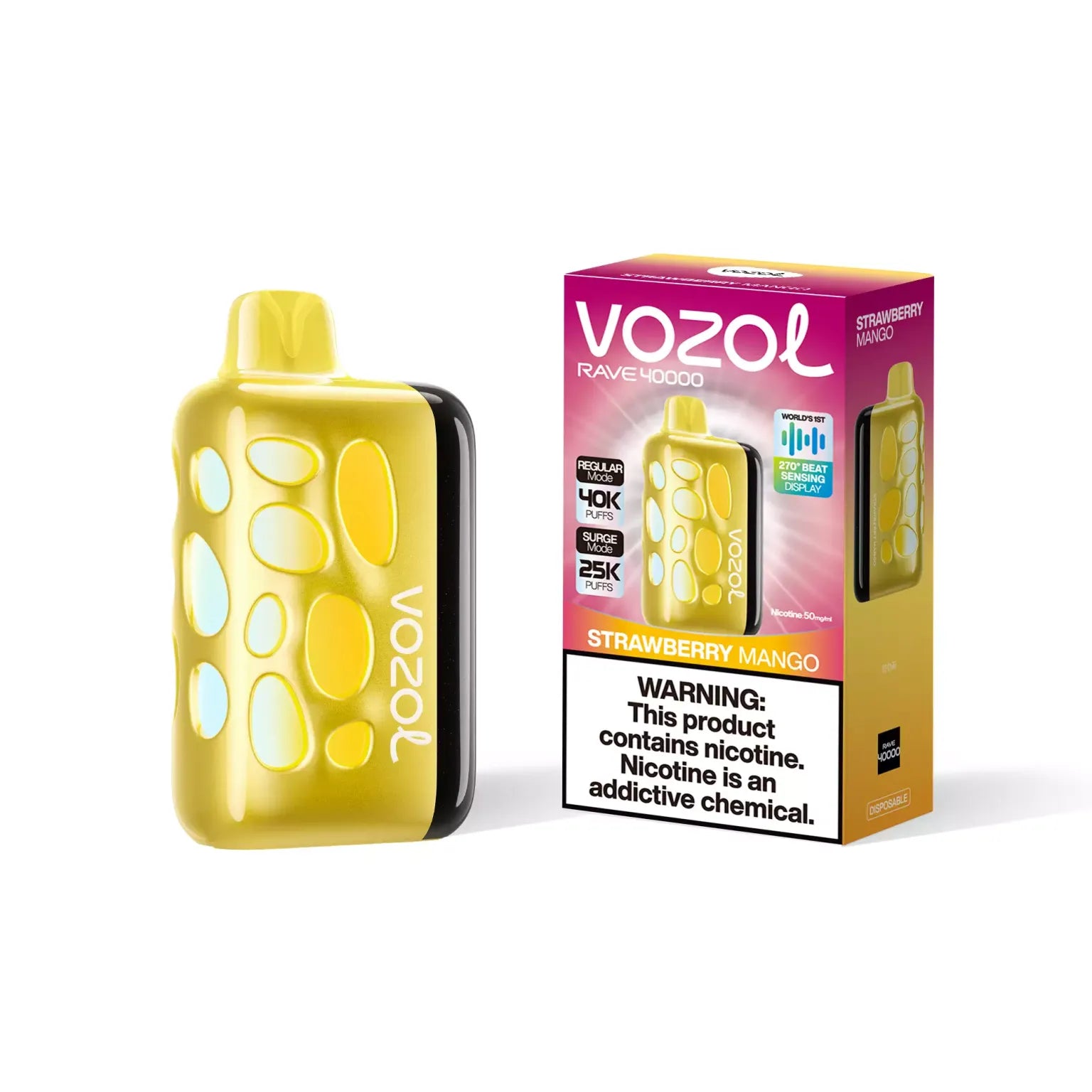 Yellow VOZOL vape device with packaging on a white background