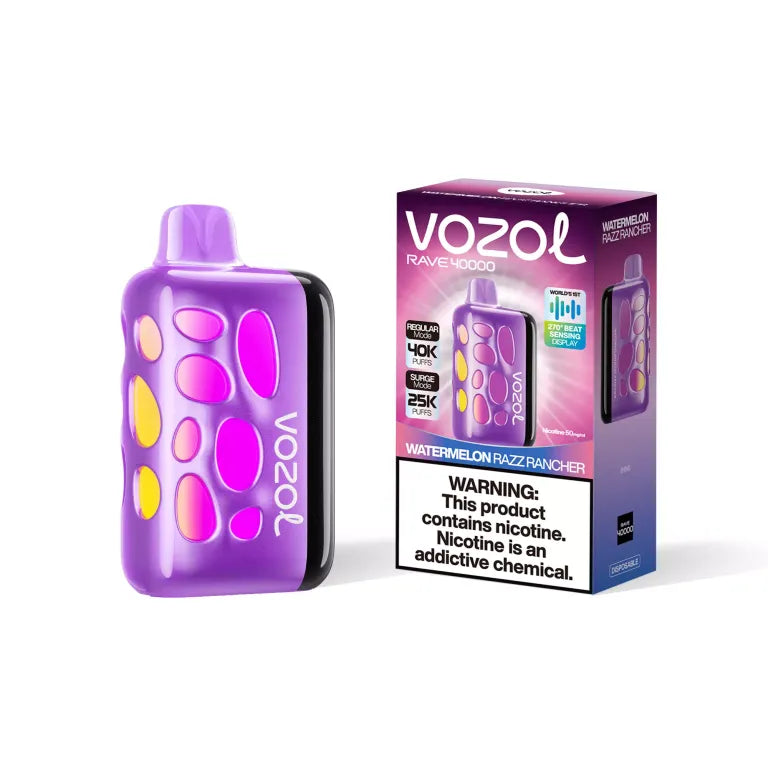 Purple Vozol vape device with packaging on a white background