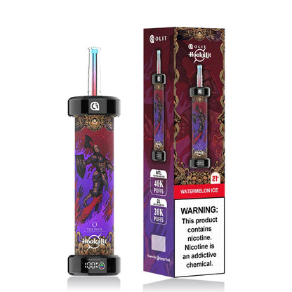 Vape device with colorful packaging and warning label on a white background