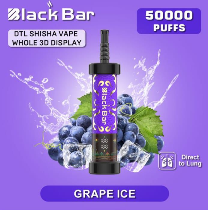 Black Bar DTL Shisha Vape Whole 3D Display with grape ice flavor on a purple background