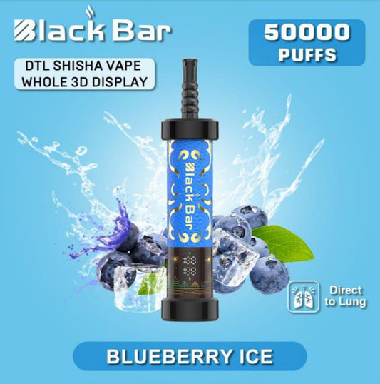 Black Bar DTL Shisha Vape Whole 3D Display with blueberry ice flavor on a blue background