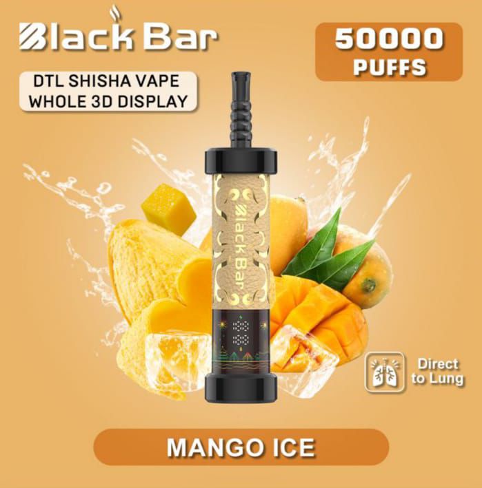 Black Bar DTL Shisha Vape Whole 3D Display with Mango Ice flavor on a beige background