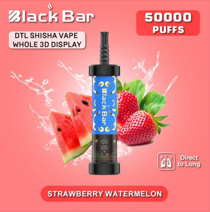 Black Bar DTL Shisha Vape Whole 3D Display with strawberry watermelon flavor on a pink background
