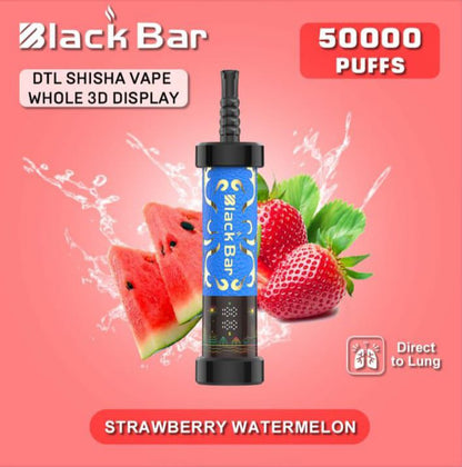Black Bar DTL Shisha Vape Whole 3D Display with strawberry watermelon flavor on a pink background