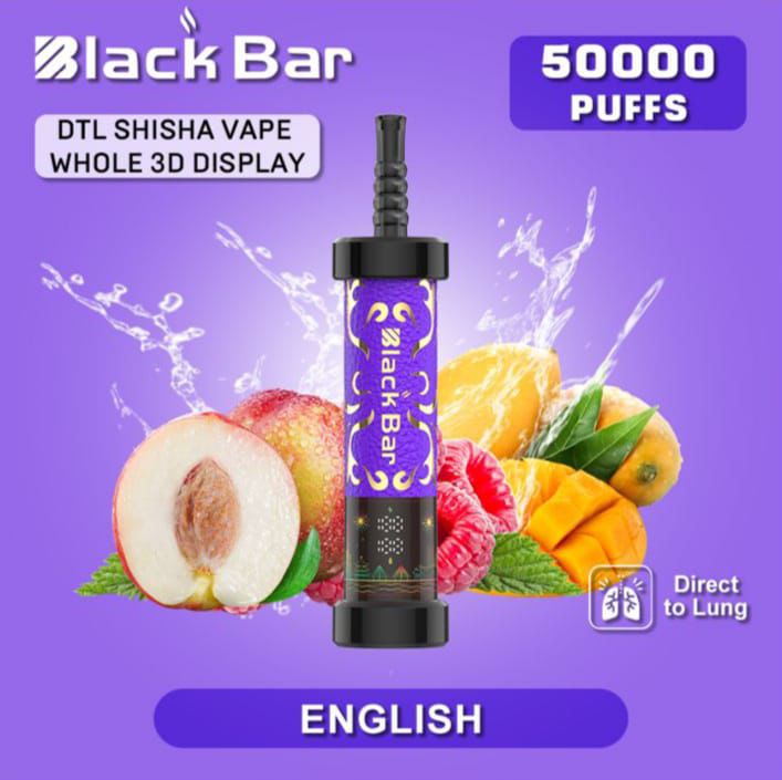 Black Bar vape device with fruit graphics on a purple background