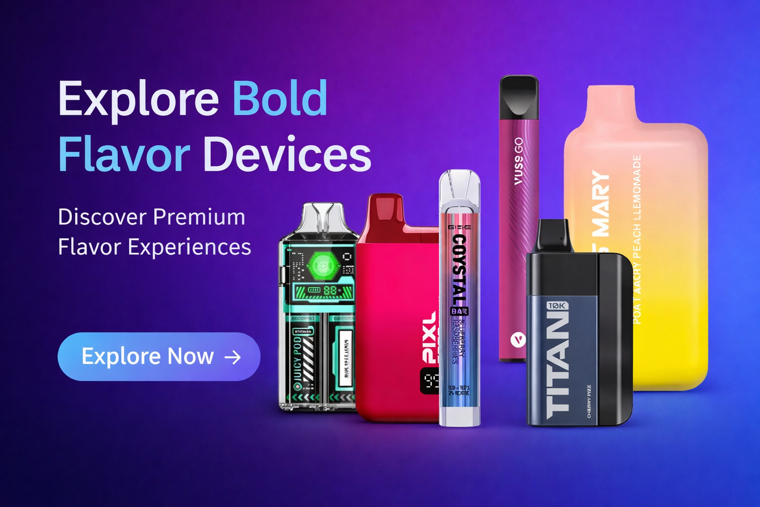 Premium flavor devices against a purple-blue gradient background with 'Explore Now' CTA — designed for adult users in the UAE