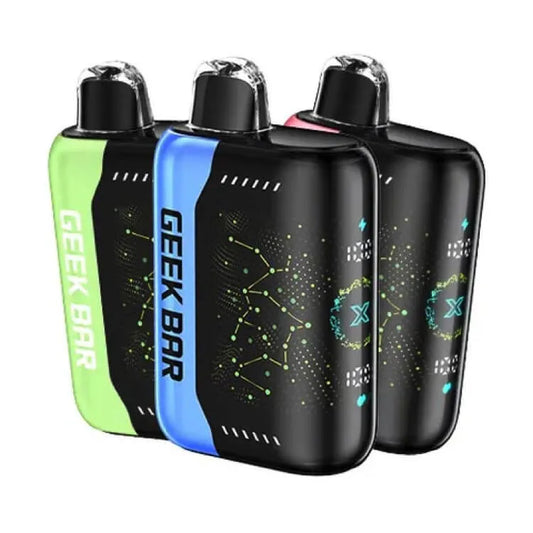 Three Geek Bar vape devices in different colors on a white background