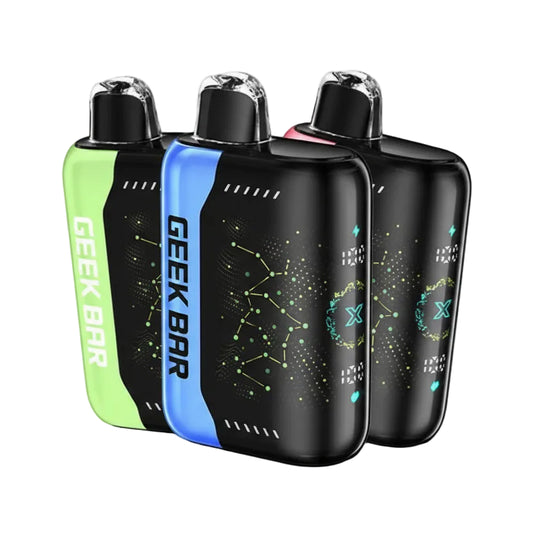 Three Geek Bar vape devices in different colors on a white background