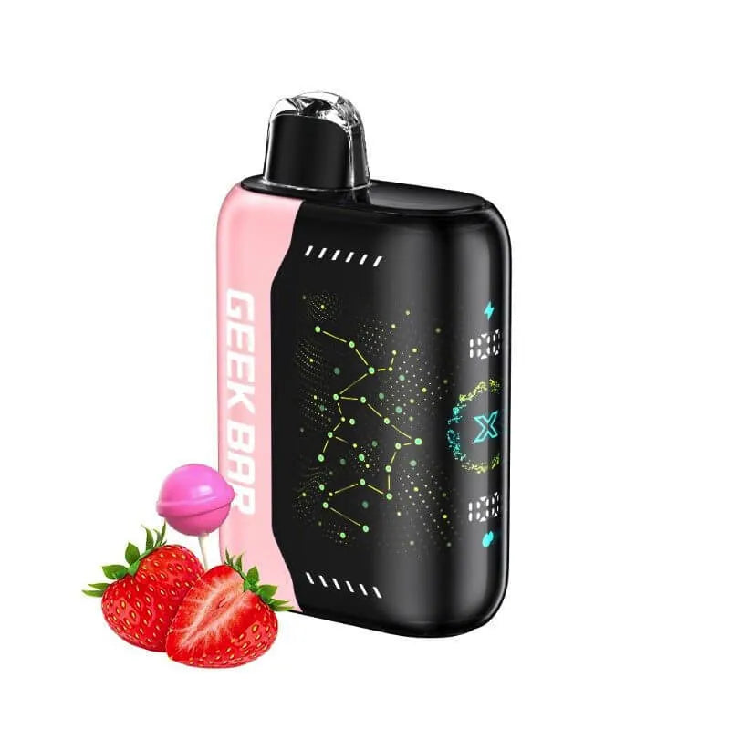 Vape device with pink and black design, surrounded by strawberries and a pink lollipop on a white background.