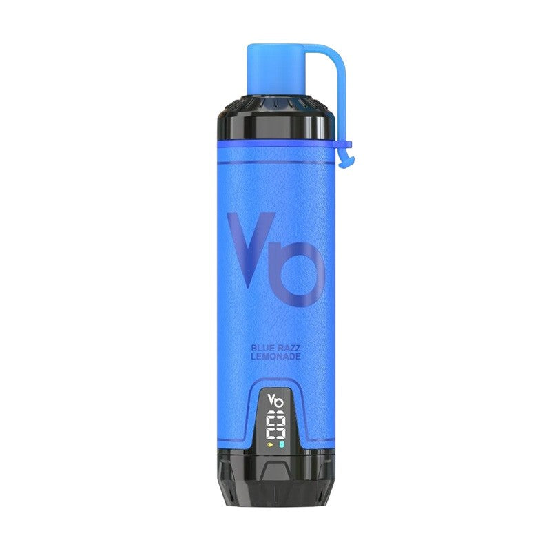 Blue vape device with black accents on a white background