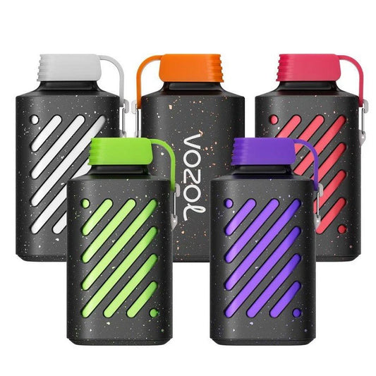 Set of black water bottles with colorful lids and VOZOL branding.